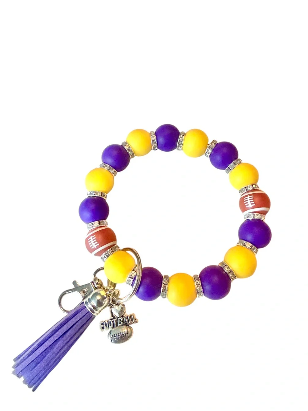 Purple & Gold Football Silicone Bead Wristlet Keychain Handmade